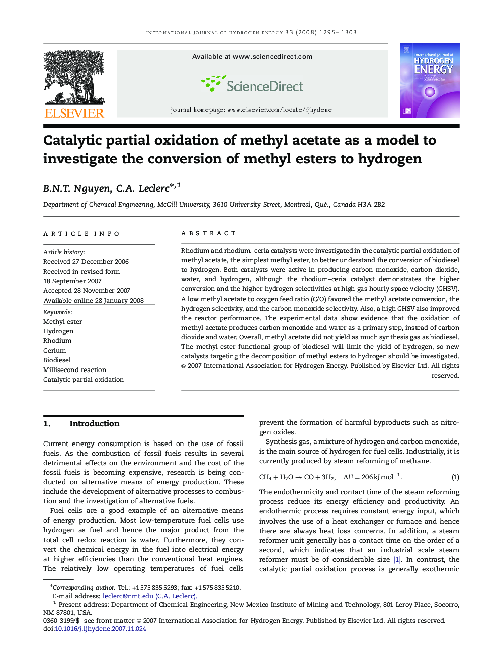 Catalytic partial oxidation of methyl acetate as a model to investigate the conversion of methyl esters to hydrogen