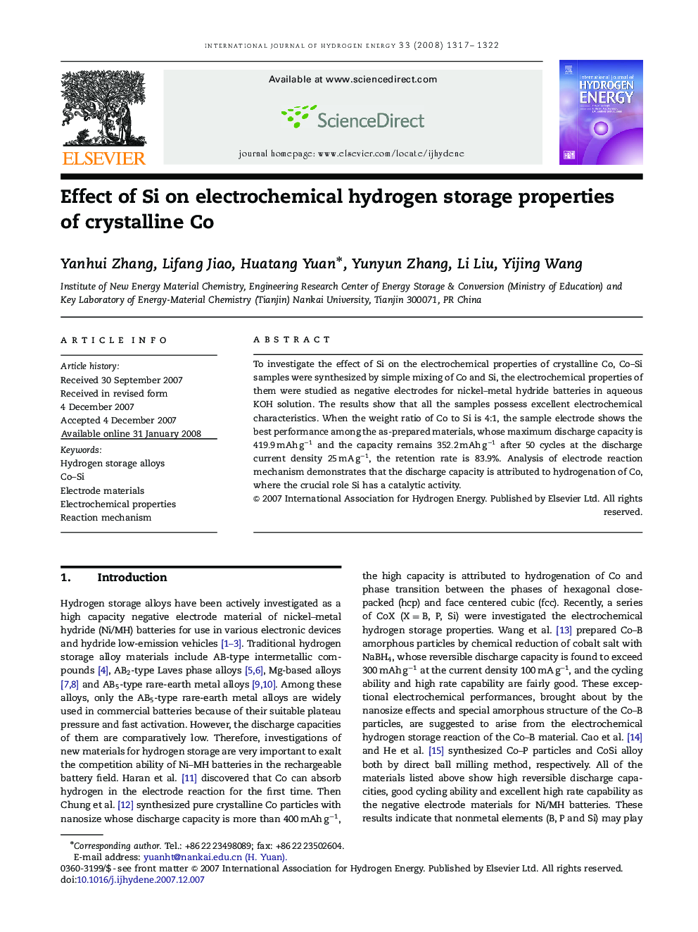 Effect of Si on electrochemical hydrogen storage properties of crystalline Co