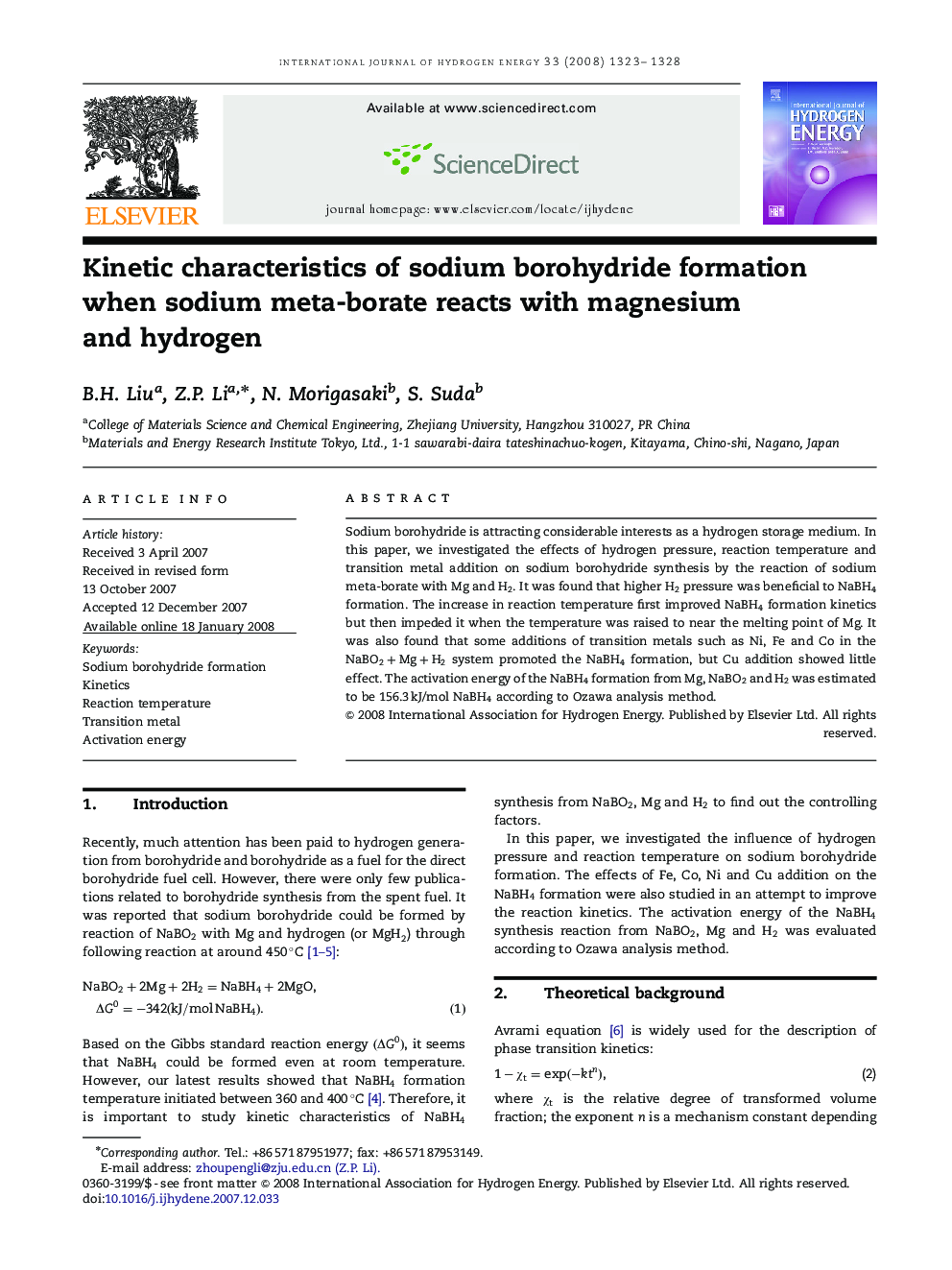 Kinetic characteristics of sodium borohydride formation when sodium meta-borate reacts with magnesium and hydrogen