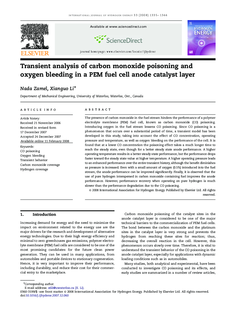 Transient analysis of carbon monoxide poisoning and oxygen bleeding in a PEM fuel cell anode catalyst layer