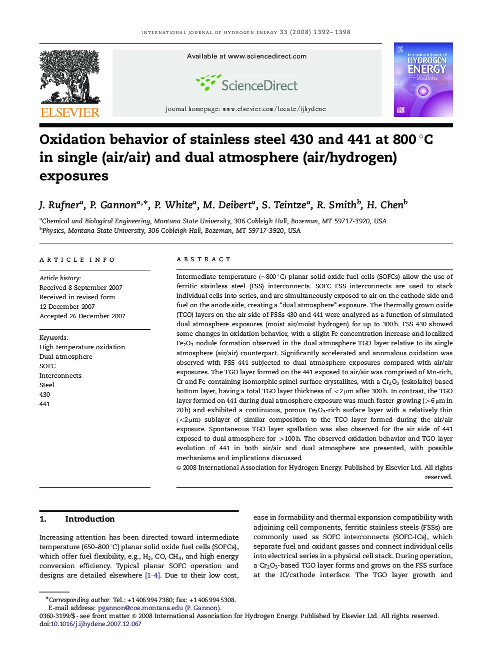 Oxidation behavior of stainless steel 430 and 441 at 800 °C in single (air/air) and dual atmosphere (air/hydrogen) exposures