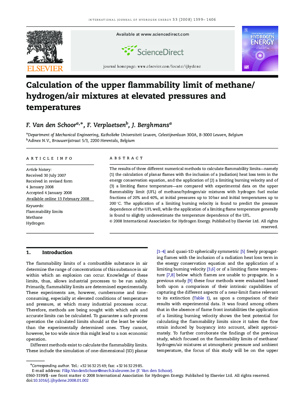 Calculation of the upper flammability limit of methane/hydrogen/air mixtures at elevated pressures and temperatures