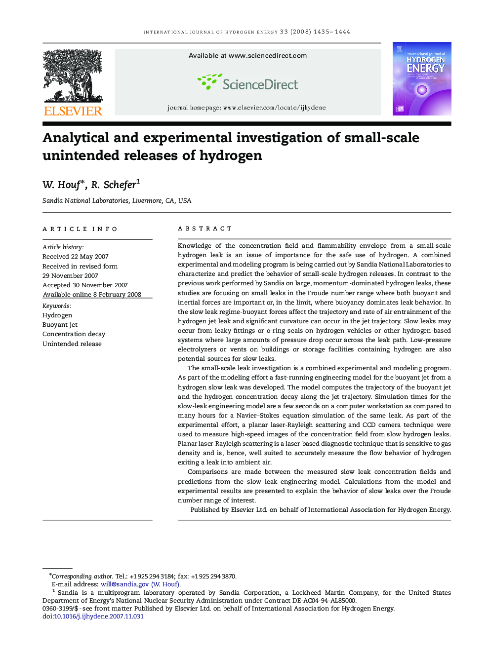 Analytical and experimental investigation of small-scale unintended releases of hydrogen