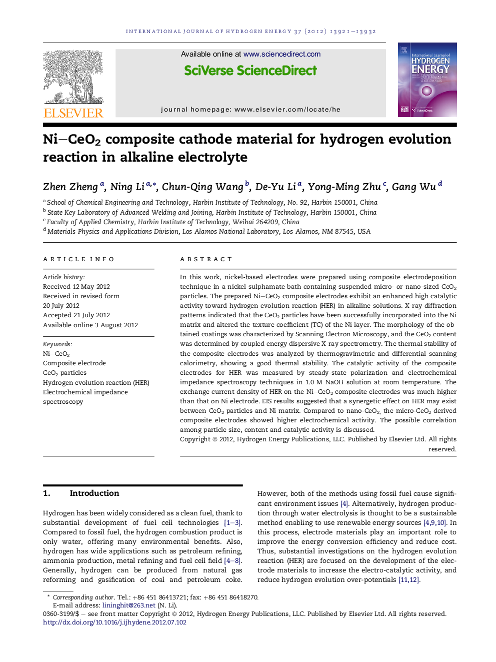 Ni–CeO2 composite cathode material for hydrogen evolution reaction in alkaline electrolyte