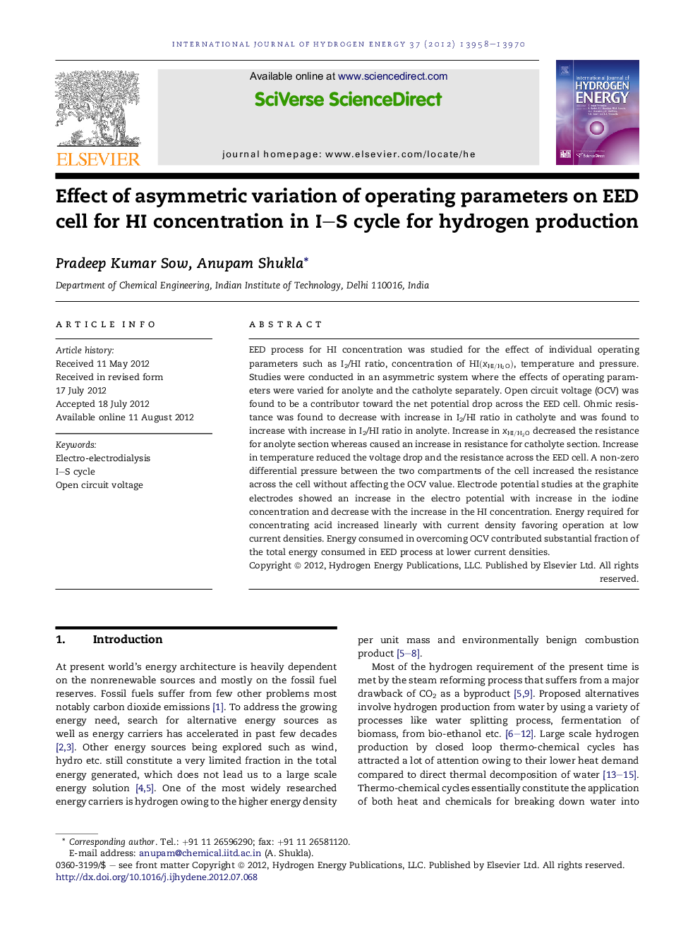 Effect of asymmetric variation of operating parameters on EED cell for HI concentration in I–S cycle for hydrogen production