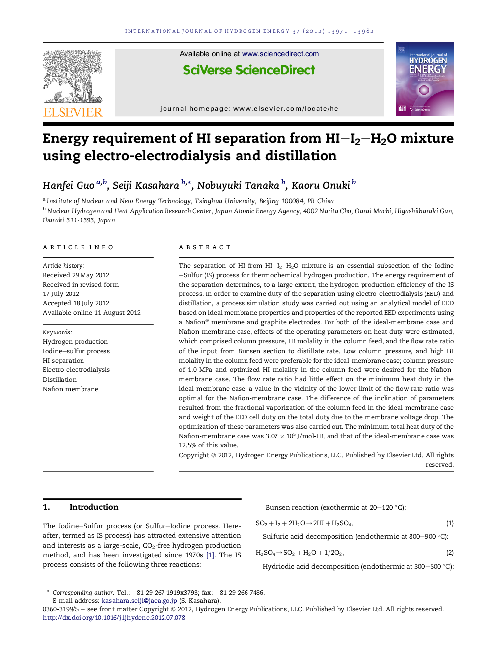 Energy requirement of HI separation from HI–I2–H2O mixture using electro-electrodialysis and distillation