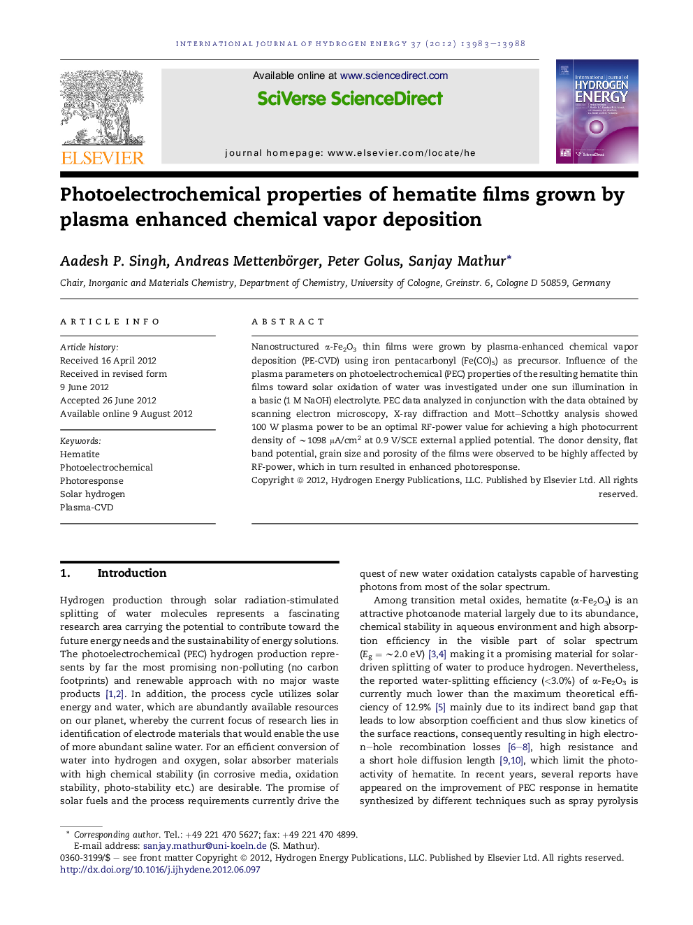 Photoelectrochemical properties of hematite films grown by plasma enhanced chemical vapor deposition