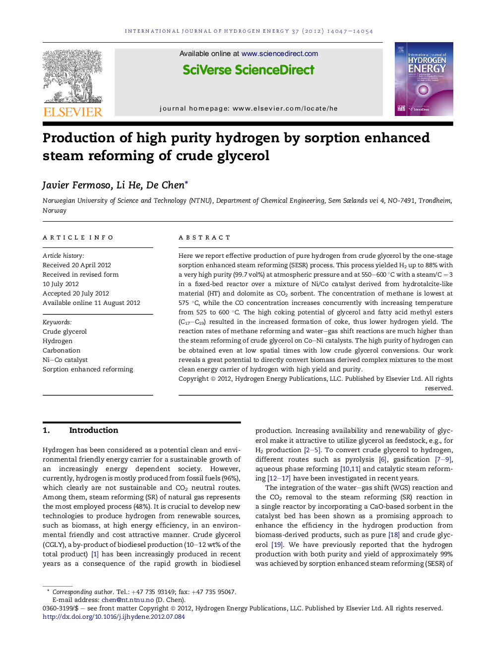 Production of high purity hydrogen by sorption enhanced steam reforming of crude glycerol