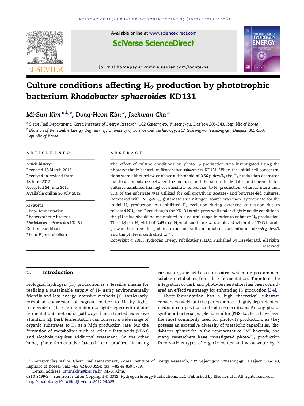 Culture conditions affecting H2 production by phototrophic bacterium Rhodobacter sphaeroides KD131