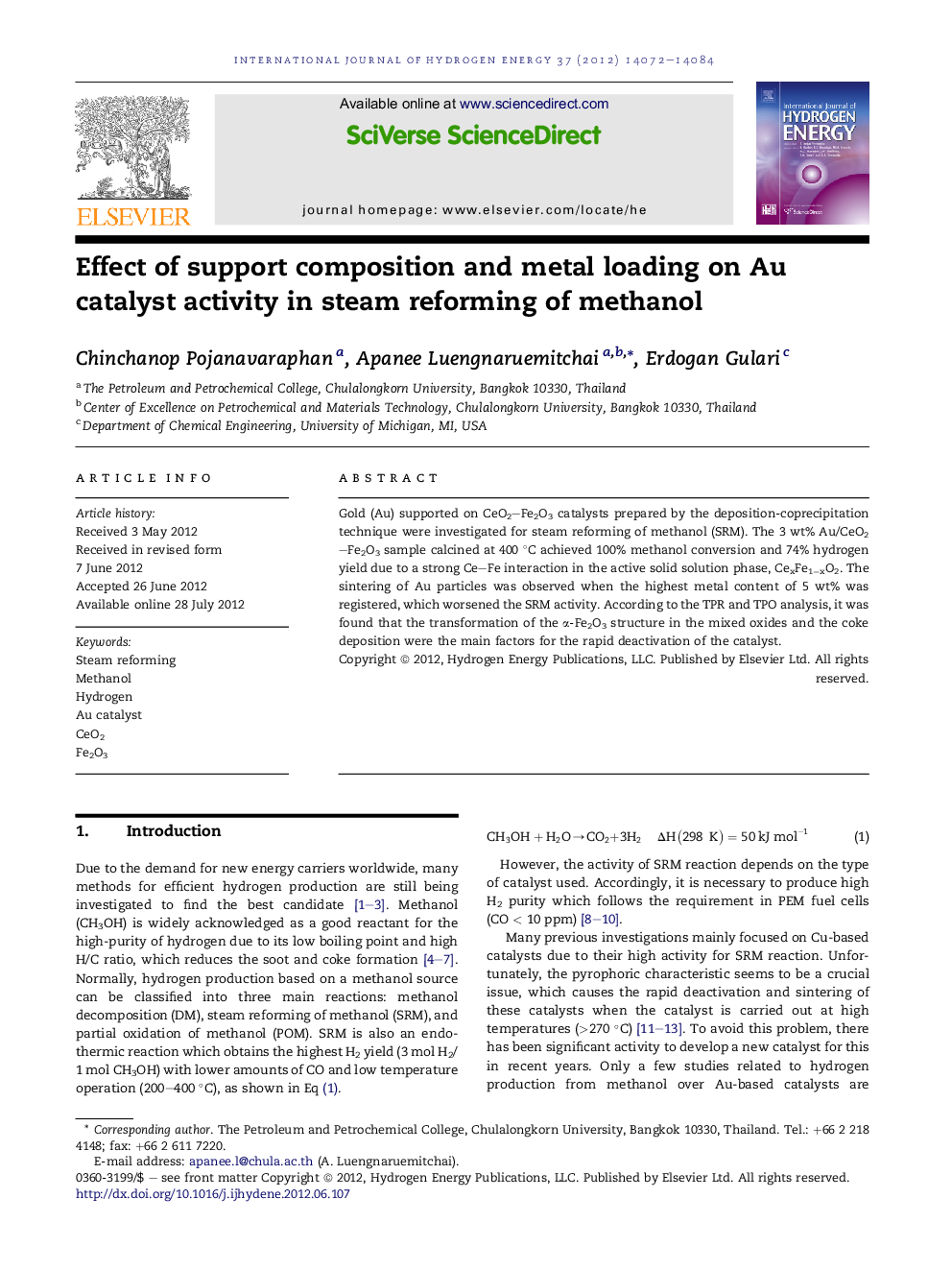 Effect of support composition and metal loading on Au catalyst activity in steam reforming of methanol