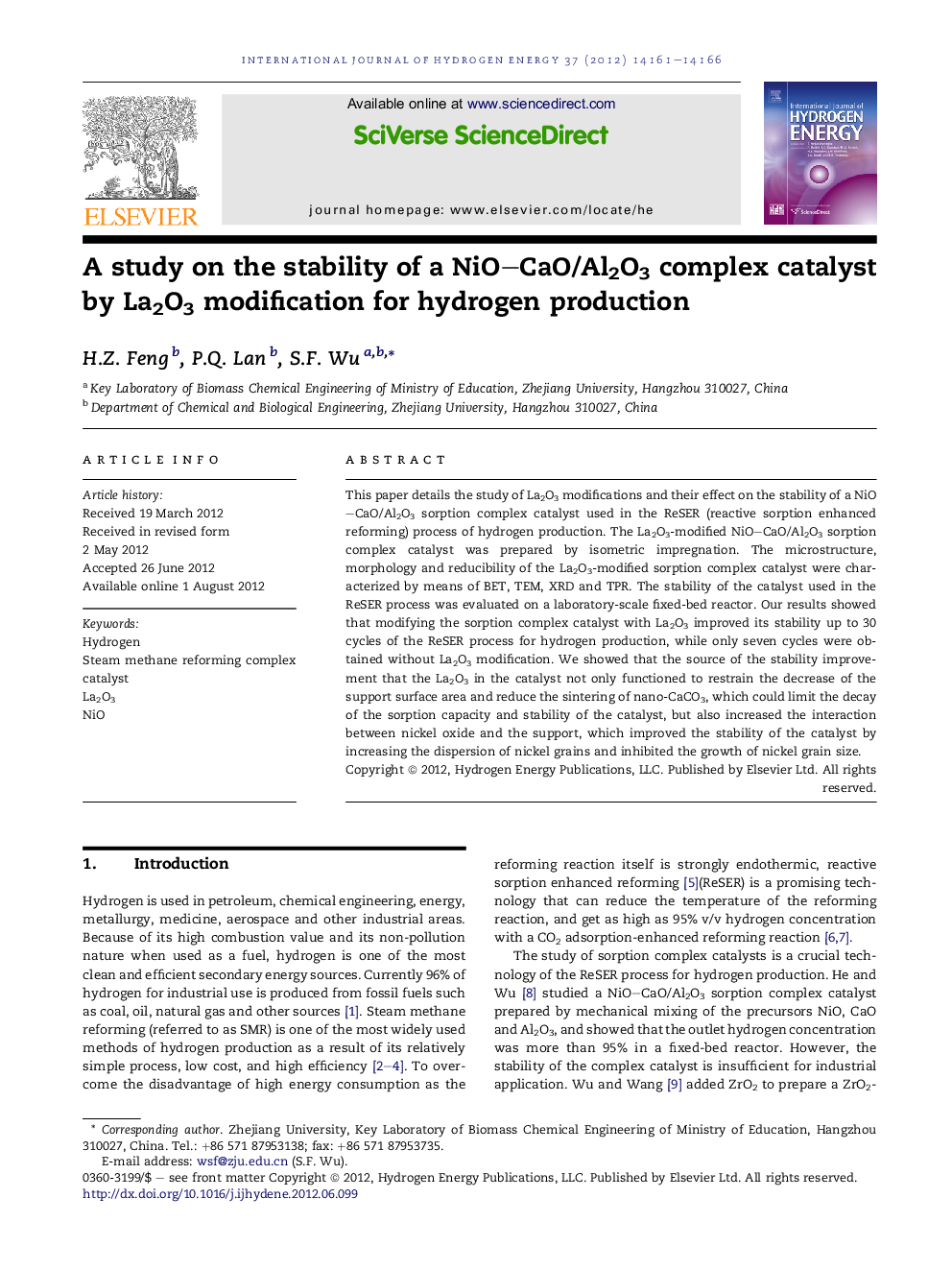 A study on the stability of a NiO–CaO/Al2O3 complex catalyst by La2O3 modification for hydrogen production