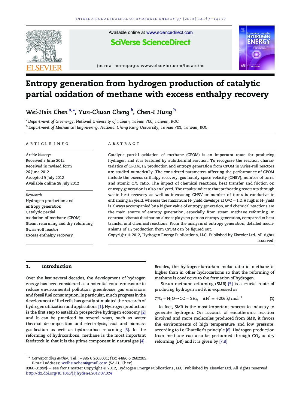 Entropy generation from hydrogen production of catalytic partial oxidation of methane with excess enthalpy recovery