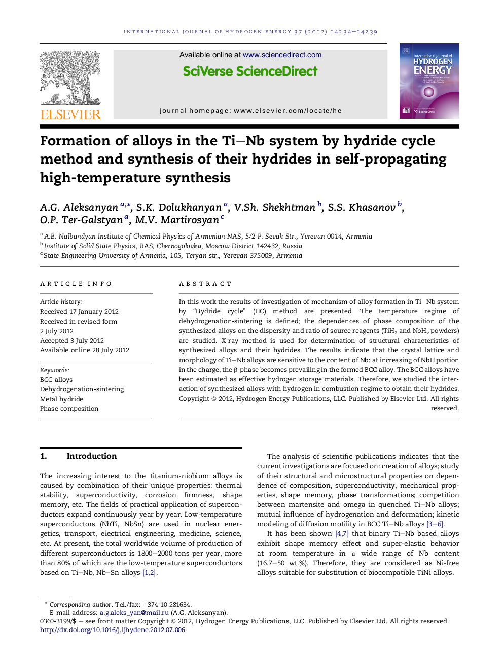 Formation of alloys in the Ti–Nb system by hydride cycle method and synthesis of their hydrides in self-propagating high-temperature synthesis