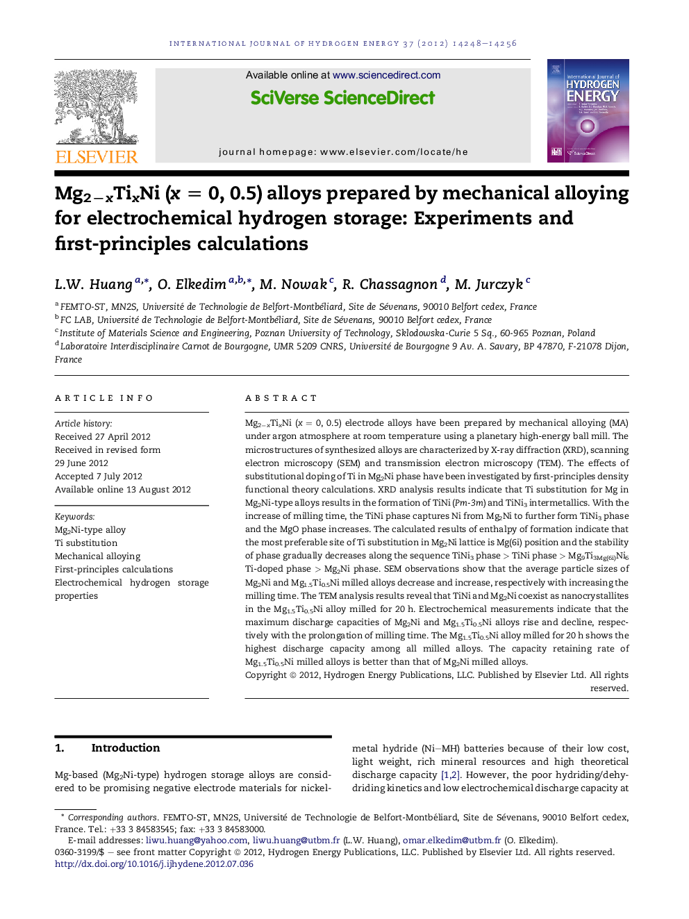 Mg2−xTixNi (x = 0, 0.5) alloys prepared by mechanical alloying for electrochemical hydrogen storage: Experiments and first-principles calculations