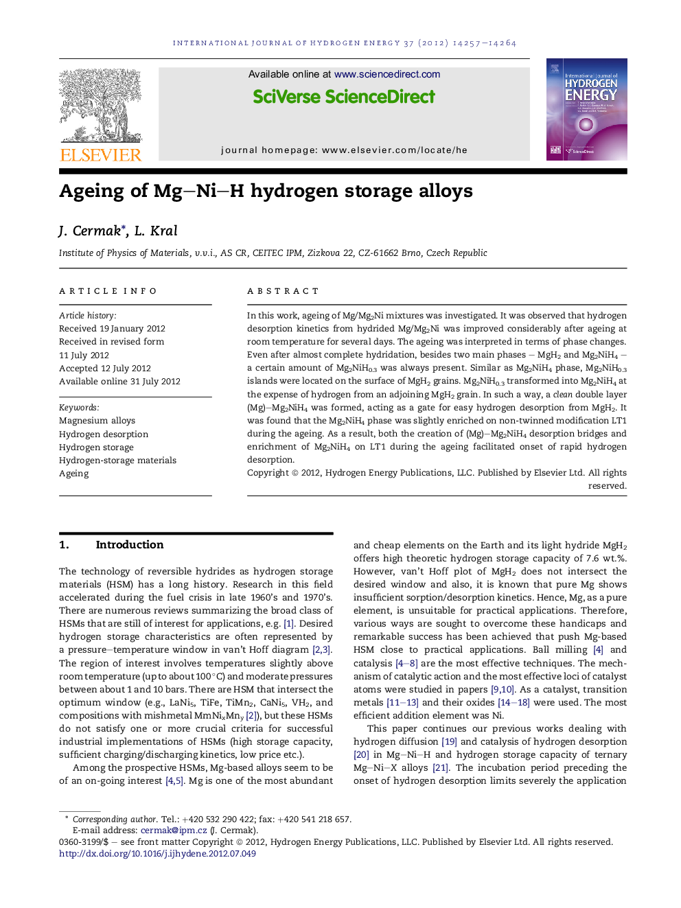 Ageing of Mg–Ni–H hydrogen storage alloys