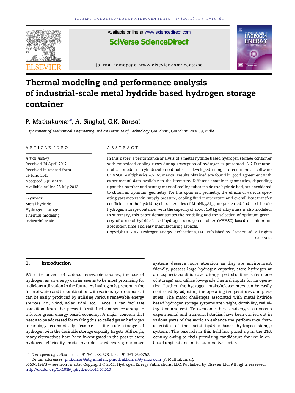 Thermal modeling and performance analysis of industrial-scale metal hydride based hydrogen storage container