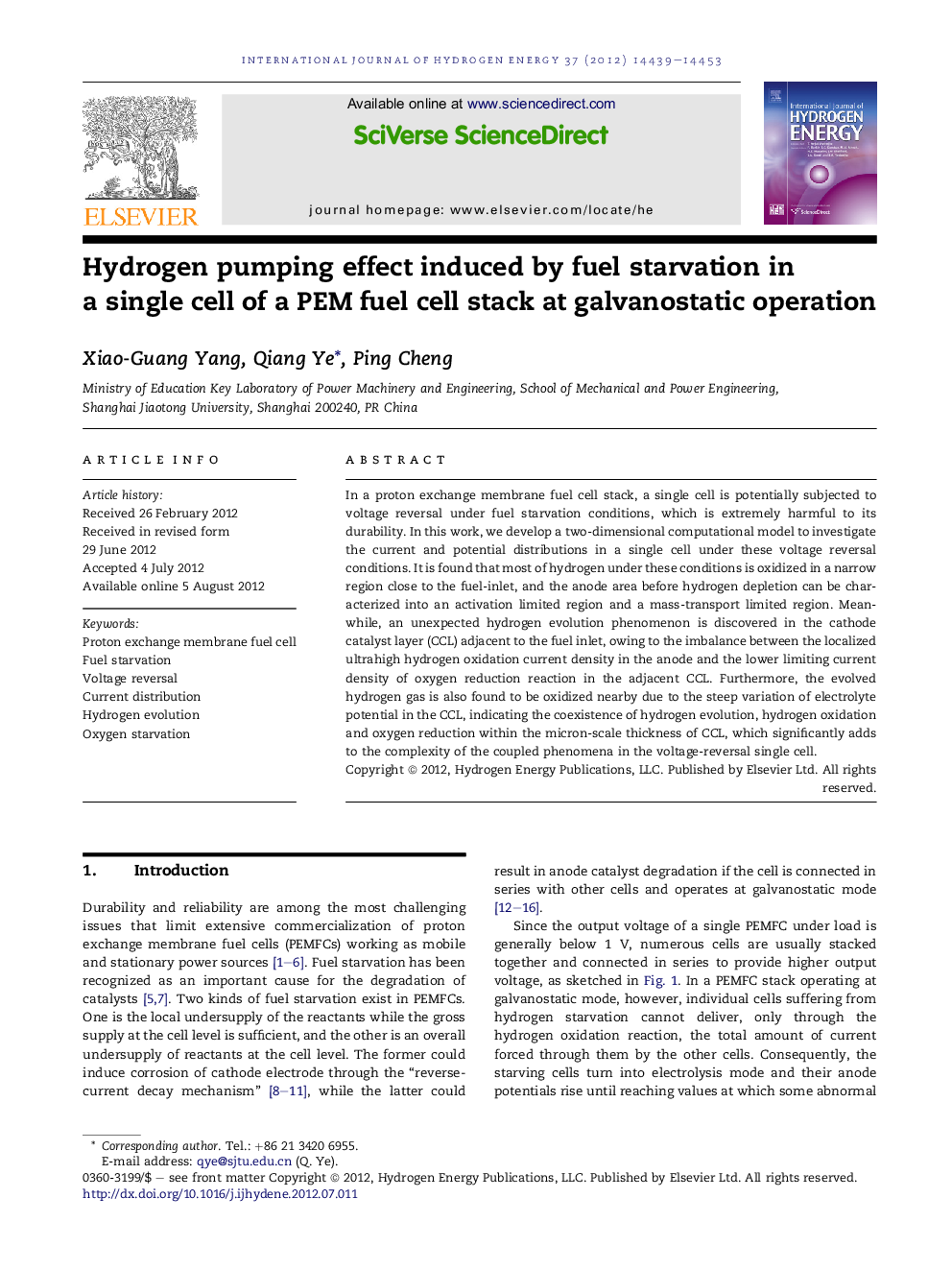 Hydrogen pumping effect induced by fuel starvation in a single cell of a PEM fuel cell stack at galvanostatic operation