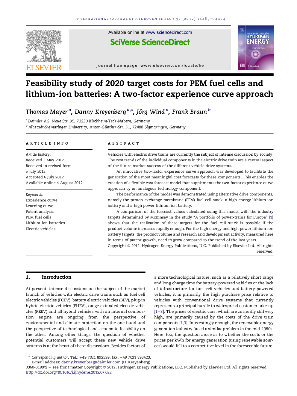 Feasibility study of 2020 target costs for PEM fuel cells and lithium-ion batteries: A two-factor experience curve approach