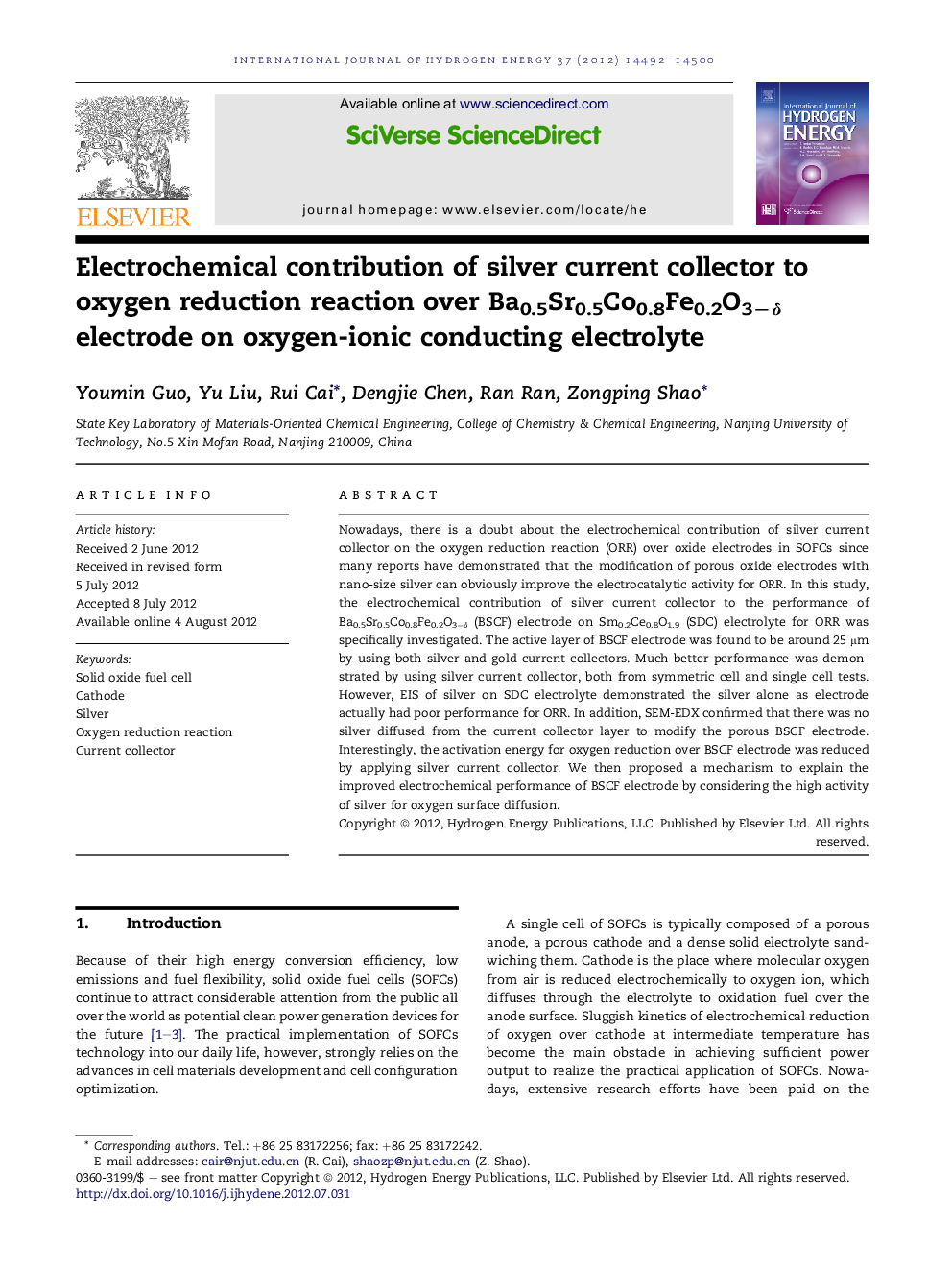 Electrochemical contribution of silver current collector to oxygen reduction reaction over Ba0.5Sr0.5Co0.8Fe0.2O3−δ electrode on oxygen-ionic conducting electrolyte