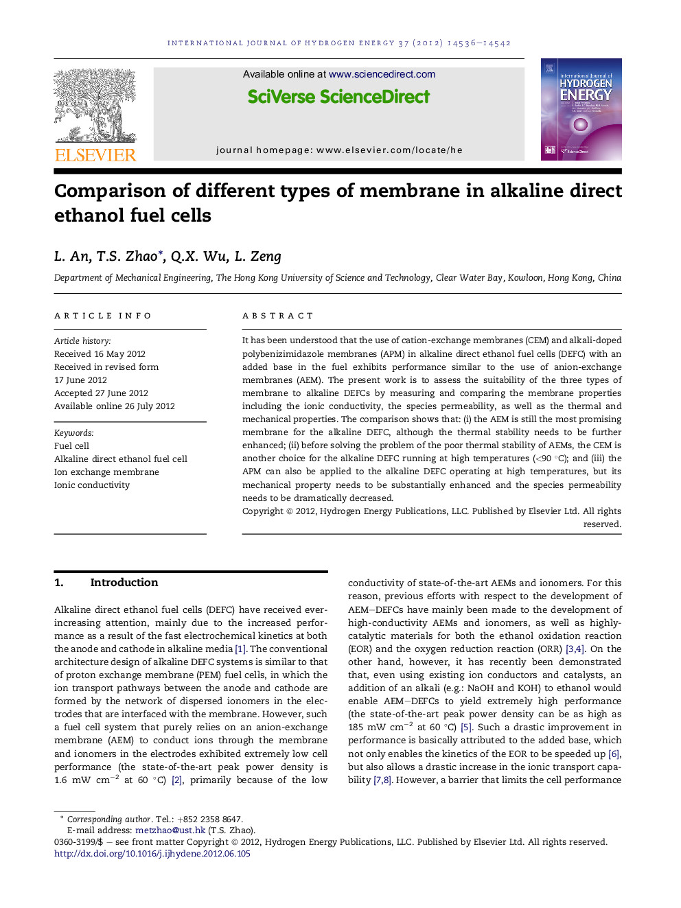 Comparison of different types of membrane in alkaline direct ethanol fuel cells