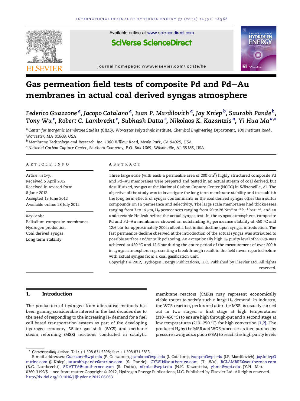 Gas permeation field tests of composite Pd and Pd–Au membranes in actual coal derived syngas atmosphere