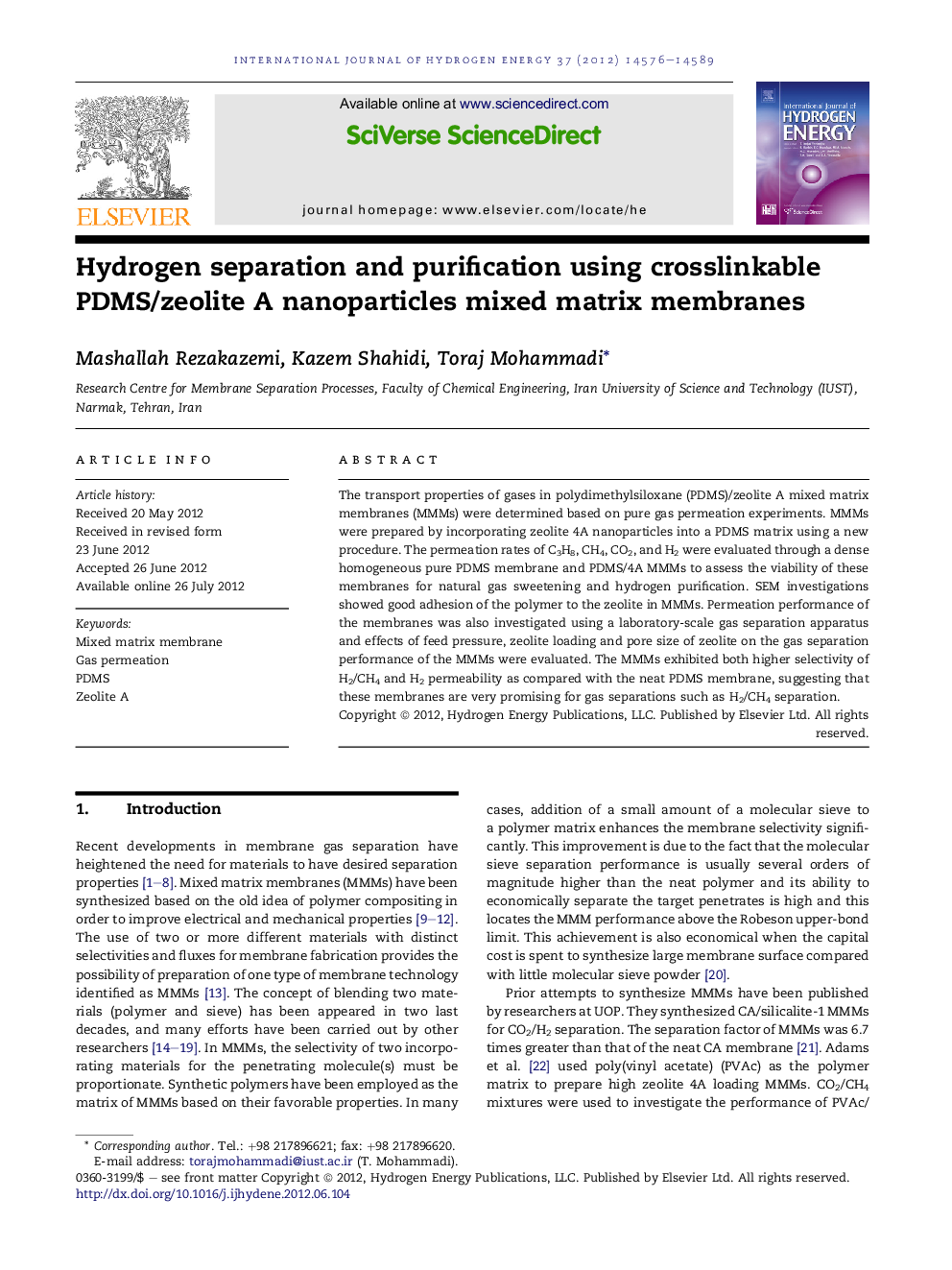 Hydrogen separation and purification using crosslinkable PDMS/zeolite A nanoparticles mixed matrix membranes