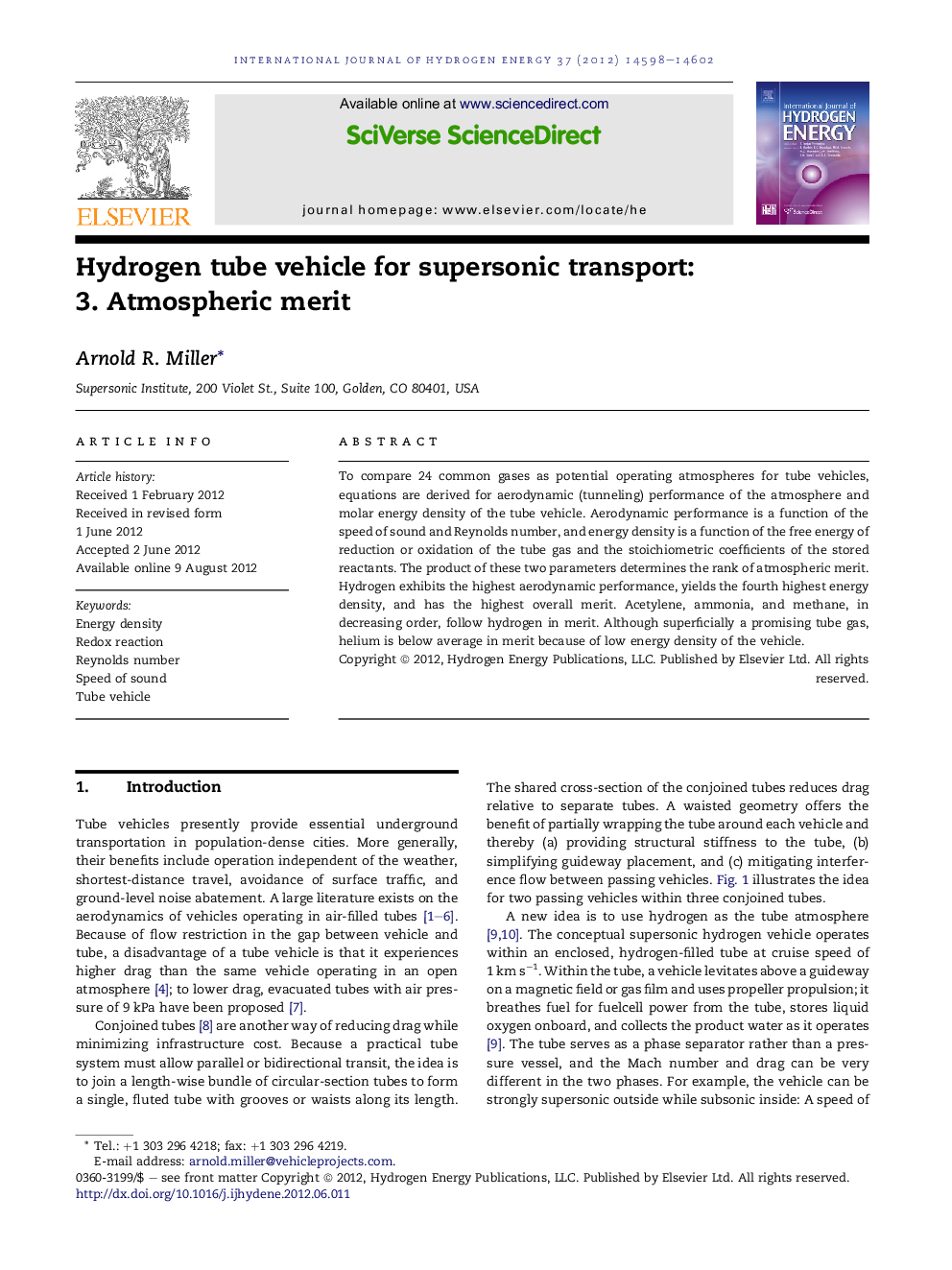 Hydrogen tube vehicle for supersonic transport: 3. Atmospheric merit