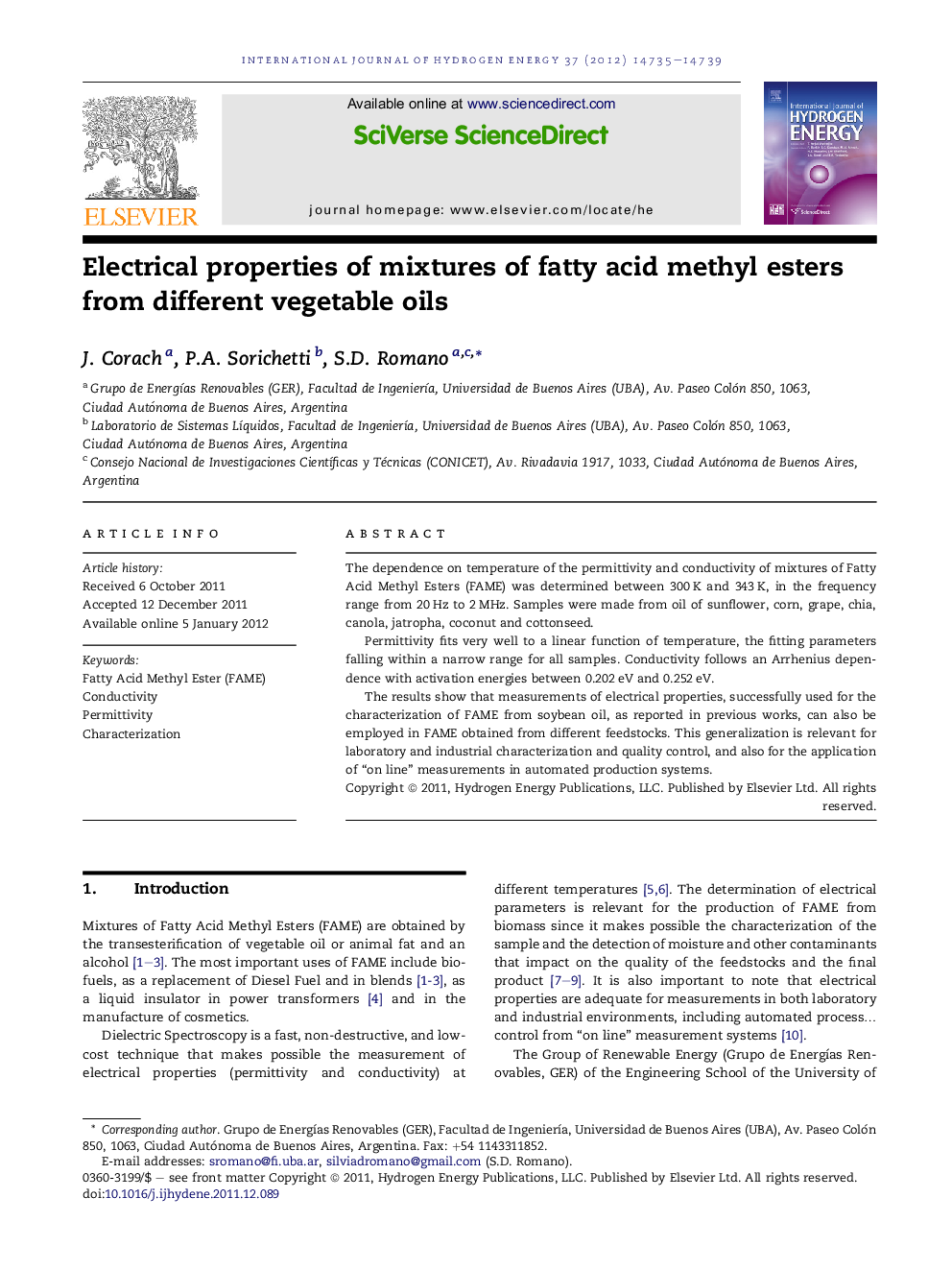 Electrical properties of mixtures of fatty acid methyl esters from different vegetable oils