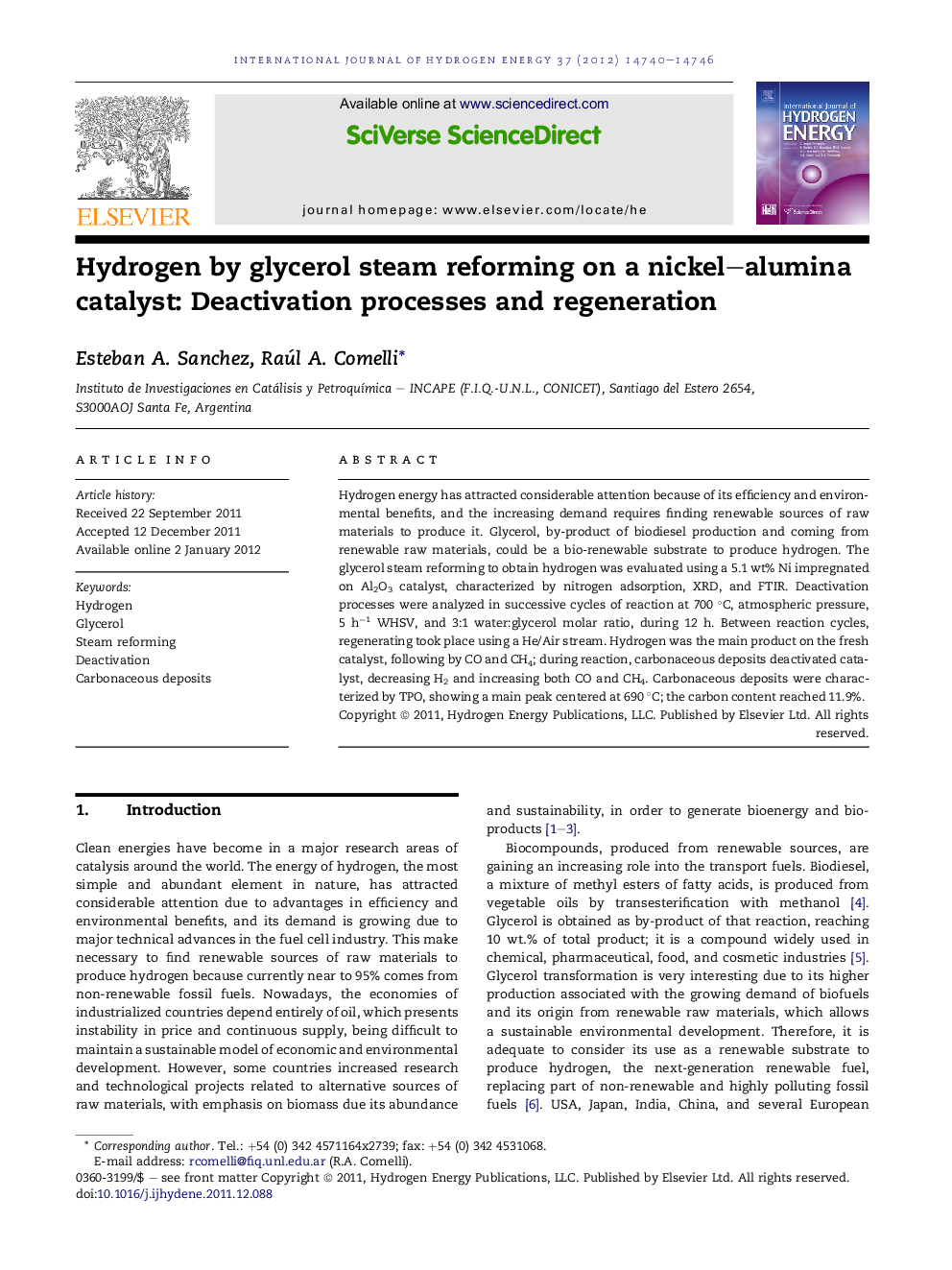 Hydrogen by glycerol steam reforming on a nickel–alumina catalyst: Deactivation processes and regeneration