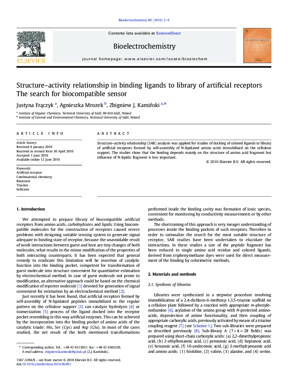 Structure–activity relationship in binding ligands to library of artificial receptors: The search for biocompatible sensor