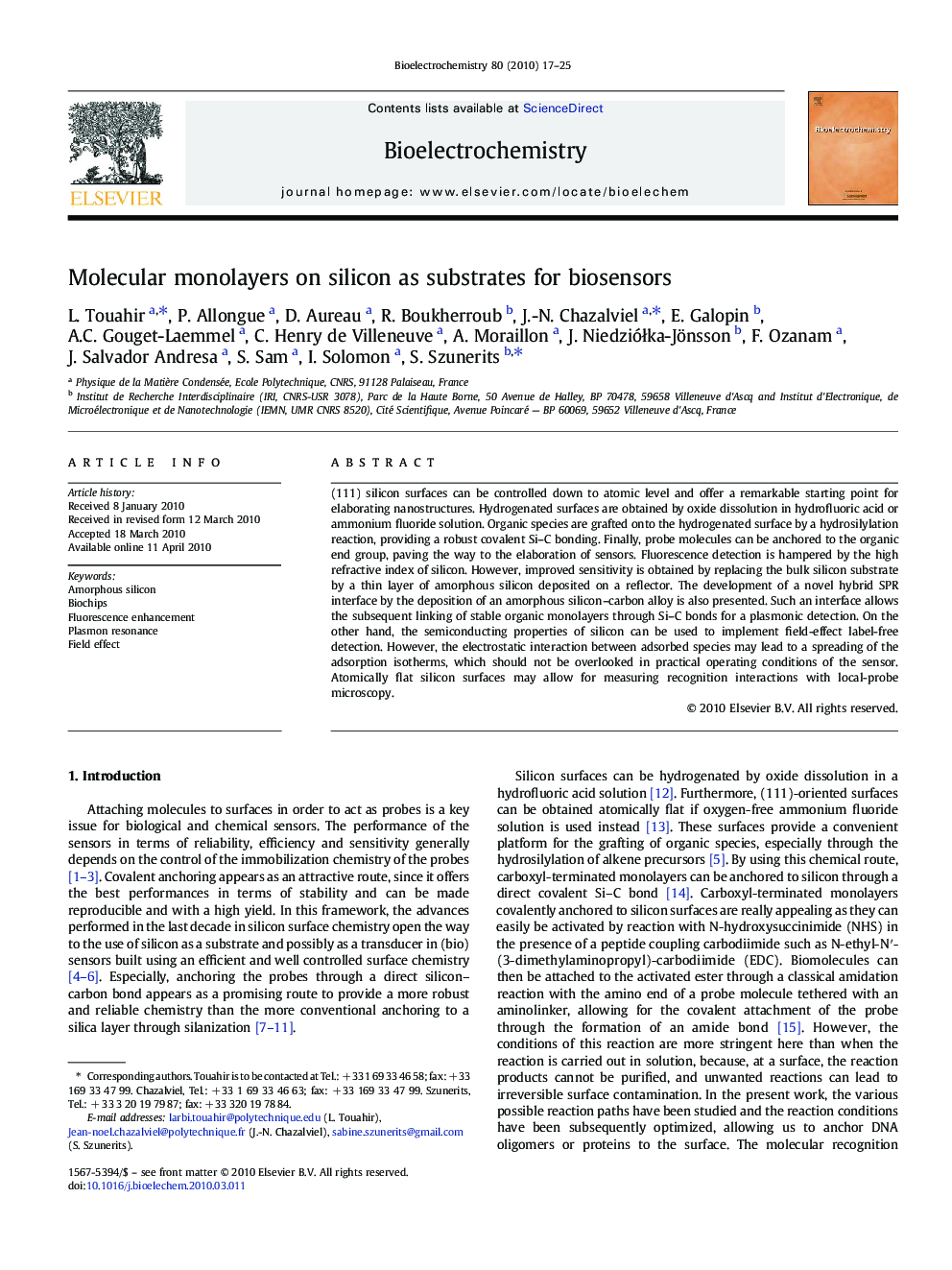 Molecular monolayers on silicon as substrates for biosensors