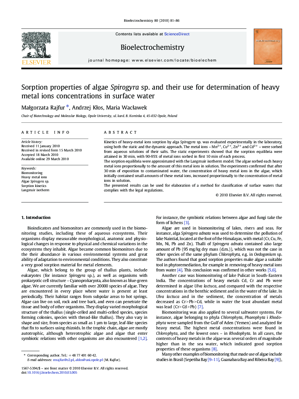 Sorption properties of algae Spirogyra sp. and their use for determination of heavy metal ions concentrations in surface water