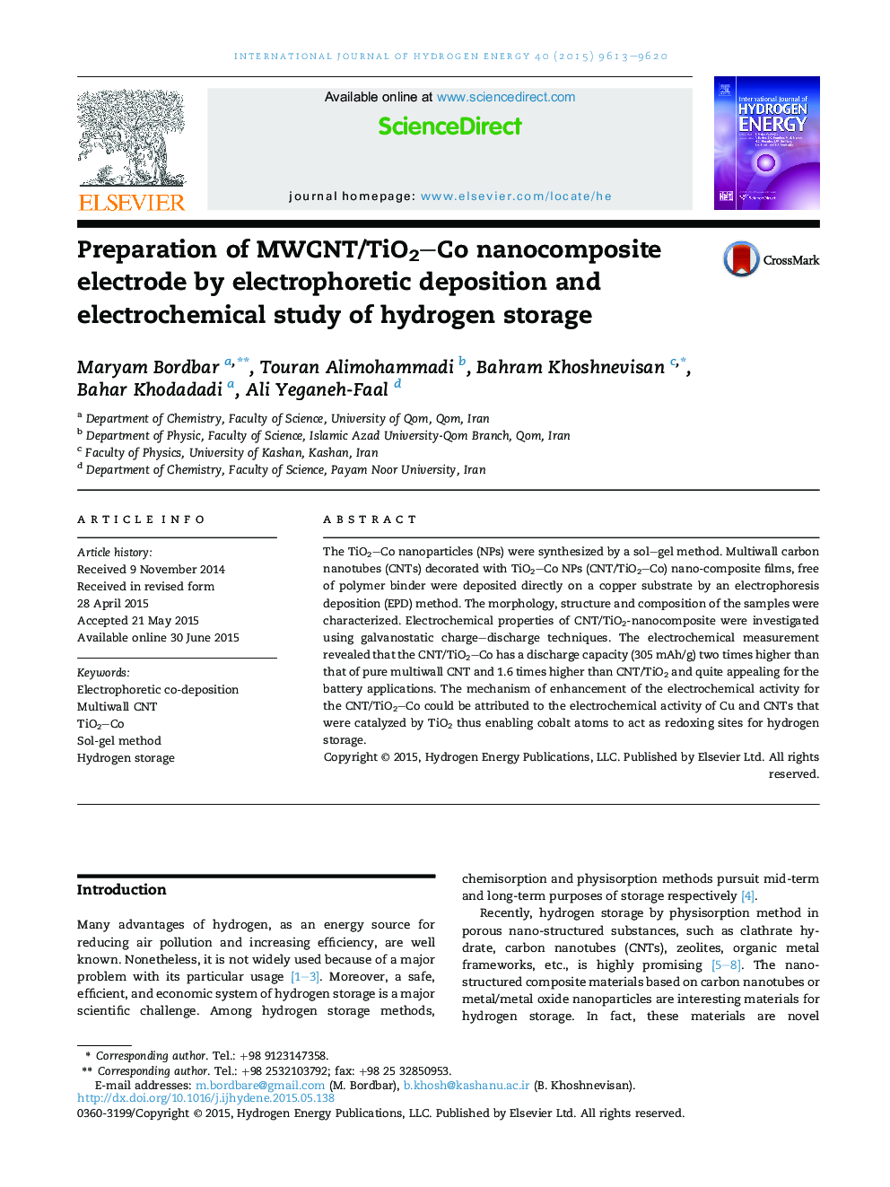 Preparation of MWCNT/TiO2–Co nanocomposite electrode by electrophoretic deposition and electrochemical study of hydrogen storage