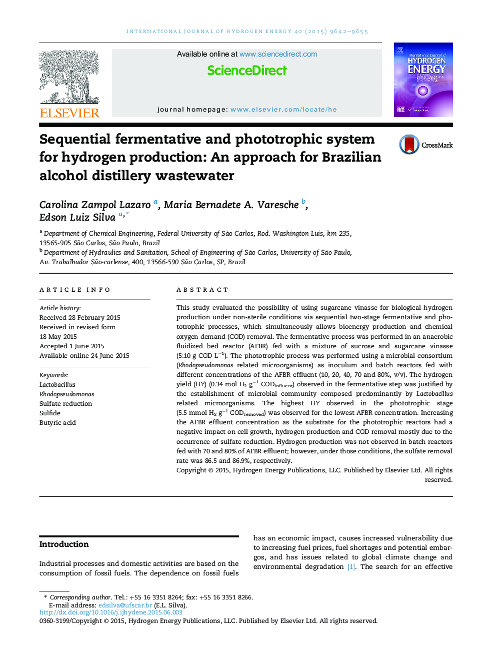 Sequential fermentative and phototrophic system for hydrogen production: An approach for Brazilian alcohol distillery wastewater