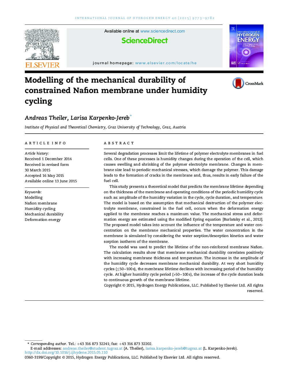 Modelling of the mechanical durability of constrained Nafion membrane under humidity cycling