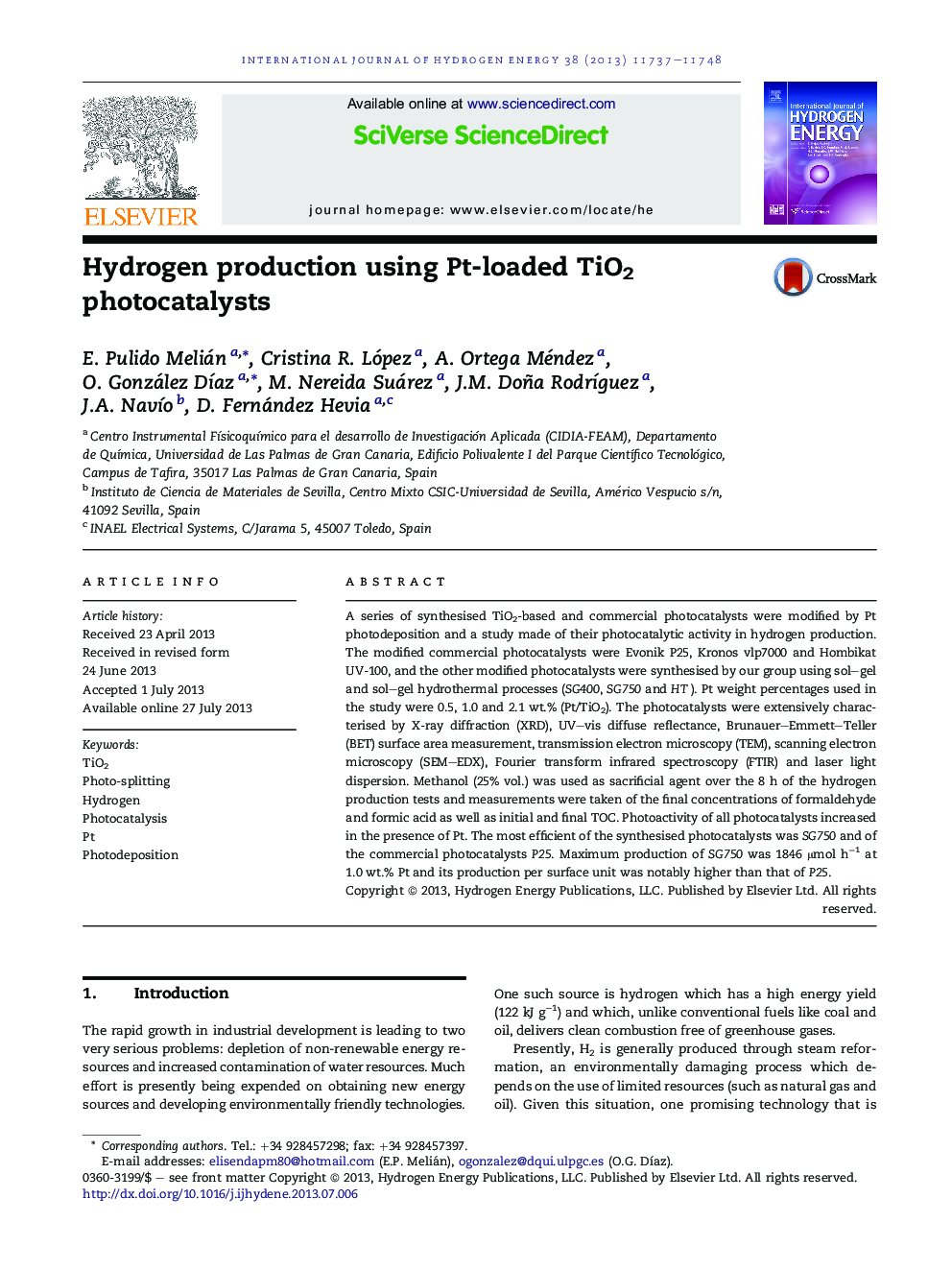 Hydrogen production using Pt-loaded TiO2 photocatalysts