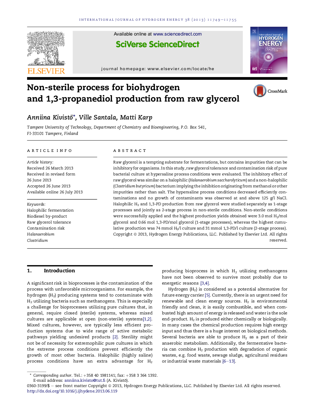 Non-sterile process for biohydrogen and 1,3-propanediol production from raw glycerol