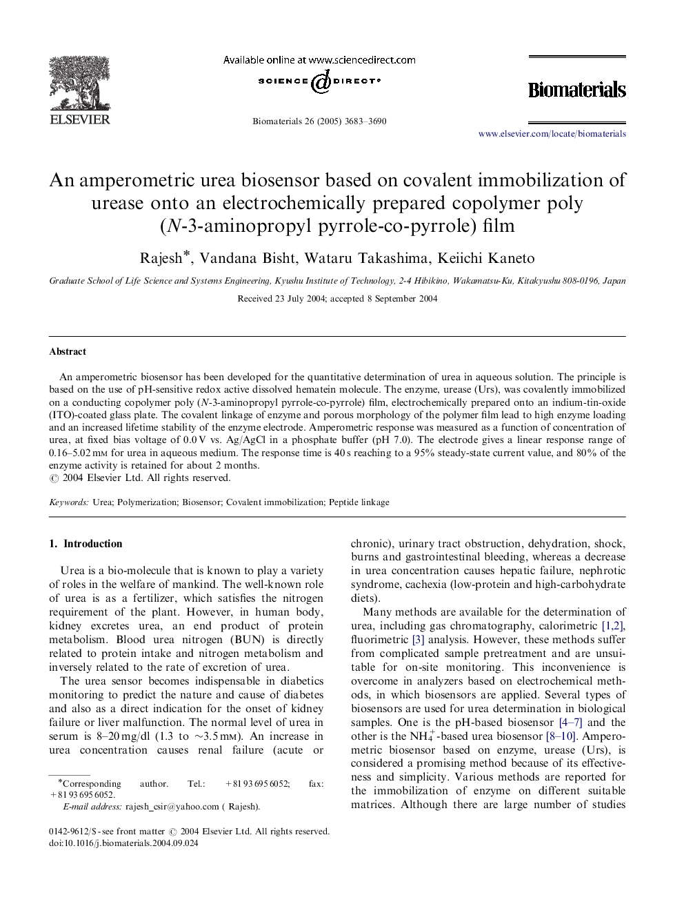 An amperometric urea biosensor based on covalent immobilization of urease onto an electrochemically prepared copolymer poly (N-3-aminopropyl pyrrole-co-pyrrole) film