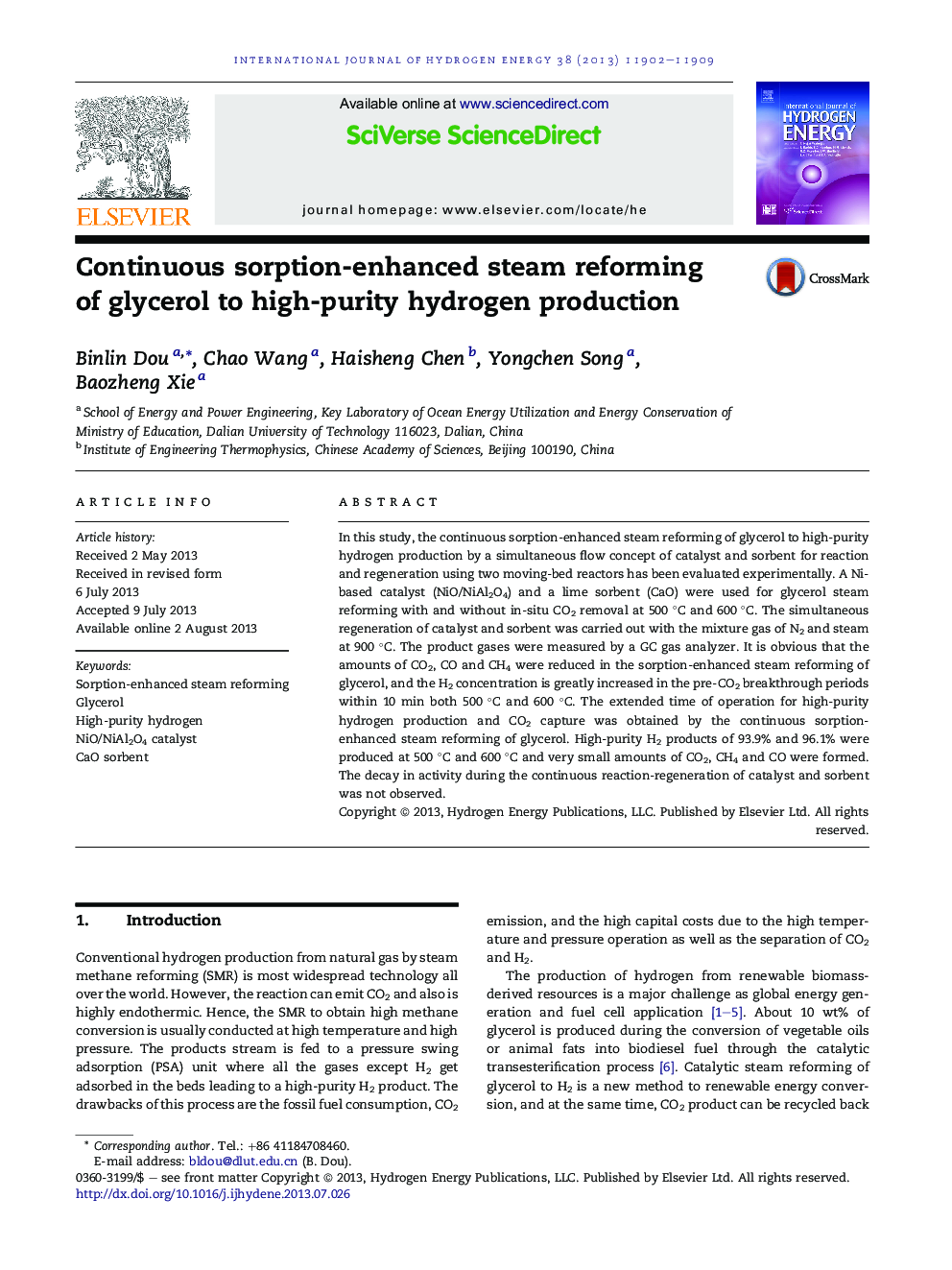 Continuous sorption-enhanced steam reforming of glycerol to high-purity hydrogen production