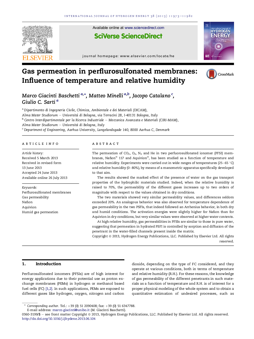 Gas permeation in perflurosulfonated membranes: Influence of temperature and relative humidity