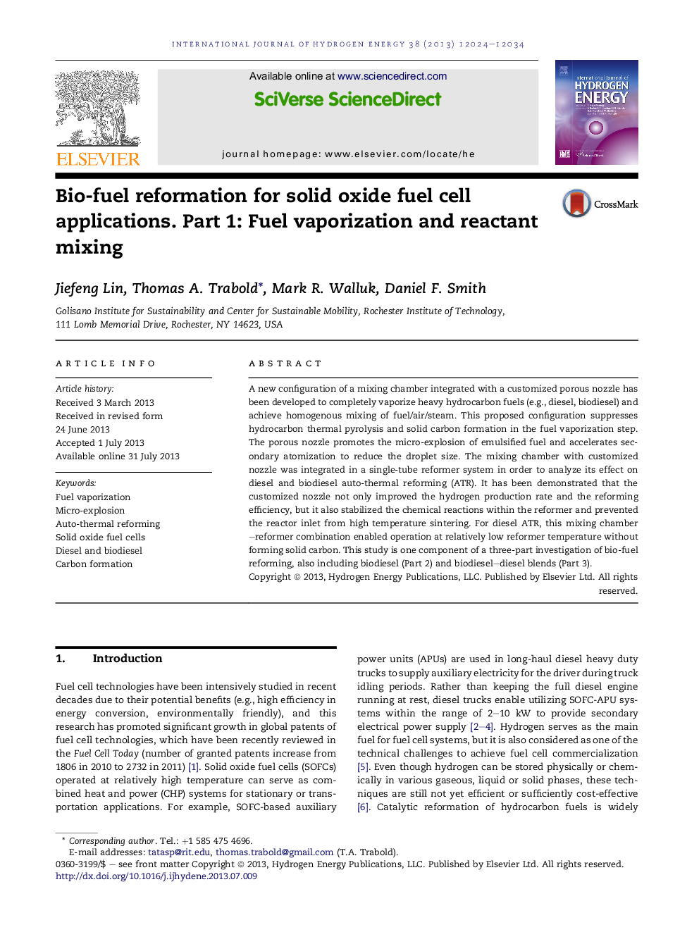 Bio-fuel reformation for solid oxide fuel cell applications. Part 1: Fuel vaporization and reactant mixing