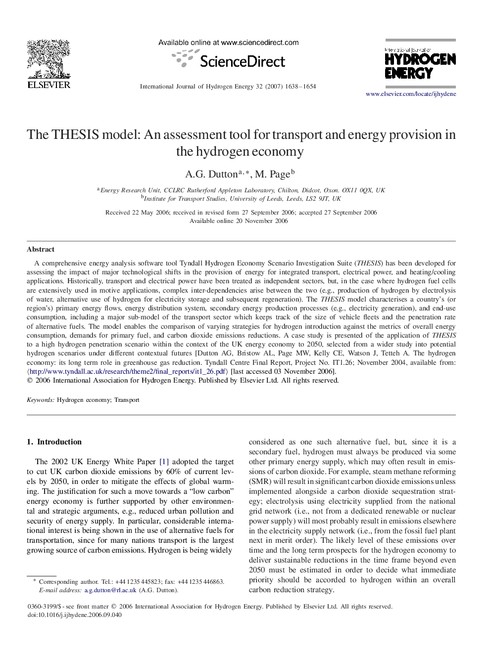 The THESIS model: An assessment tool for transport and energy provision in the hydrogen economy