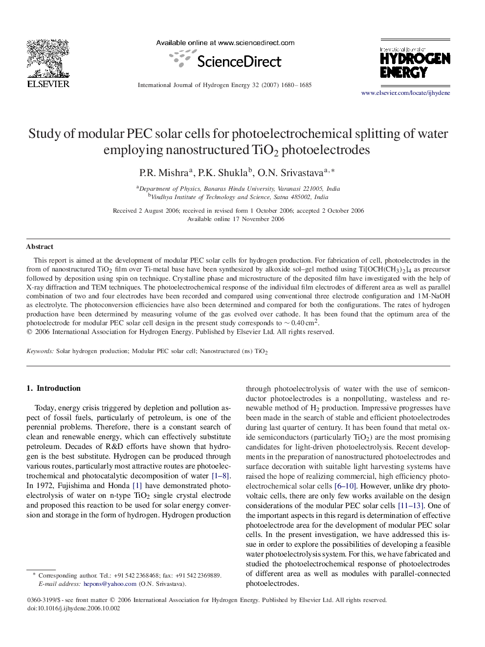 Study of modular PEC solar cells for photoelectrochemical splitting of water employing nanostructured TiO2TiO2 photoelectrodes