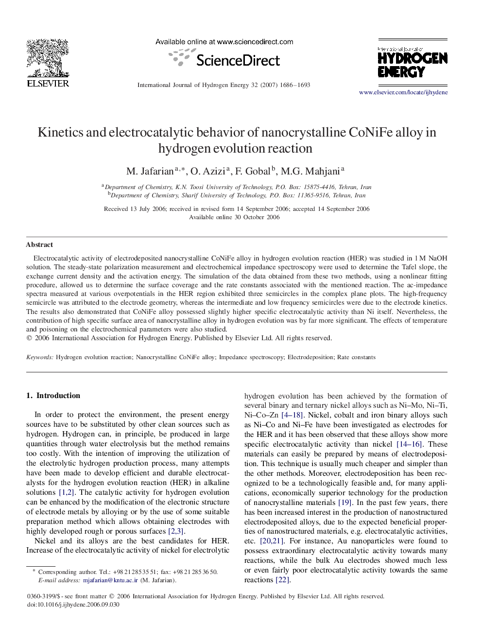 Kinetics and electrocatalytic behavior of nanocrystalline CoNiFe alloy in hydrogen evolution reaction