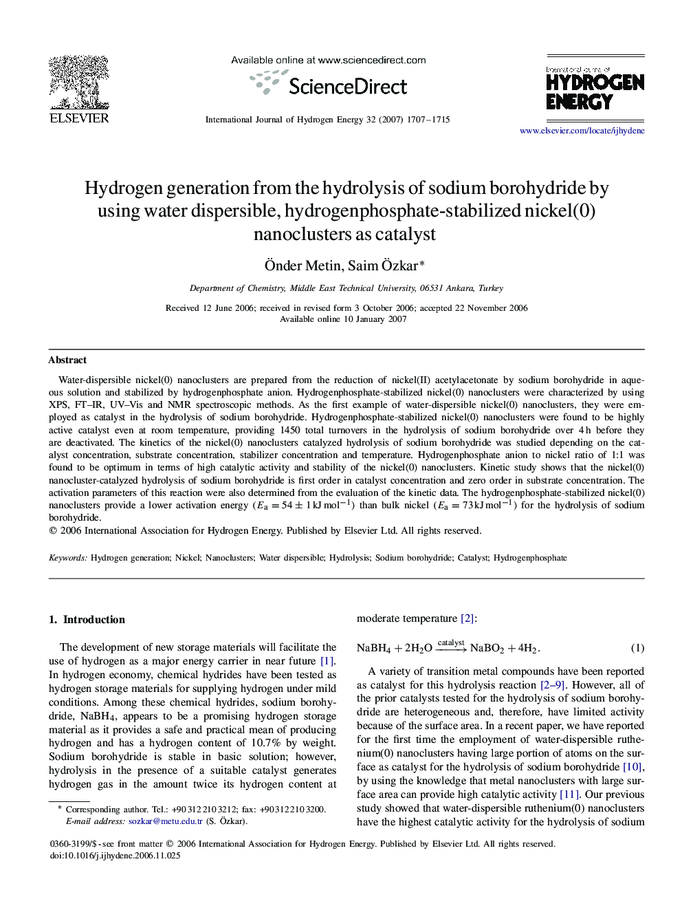 Hydrogen generation from the hydrolysis of sodium borohydride by using water dispersible, hydrogenphosphate-stabilized nickel(0) nanoclusters as catalyst