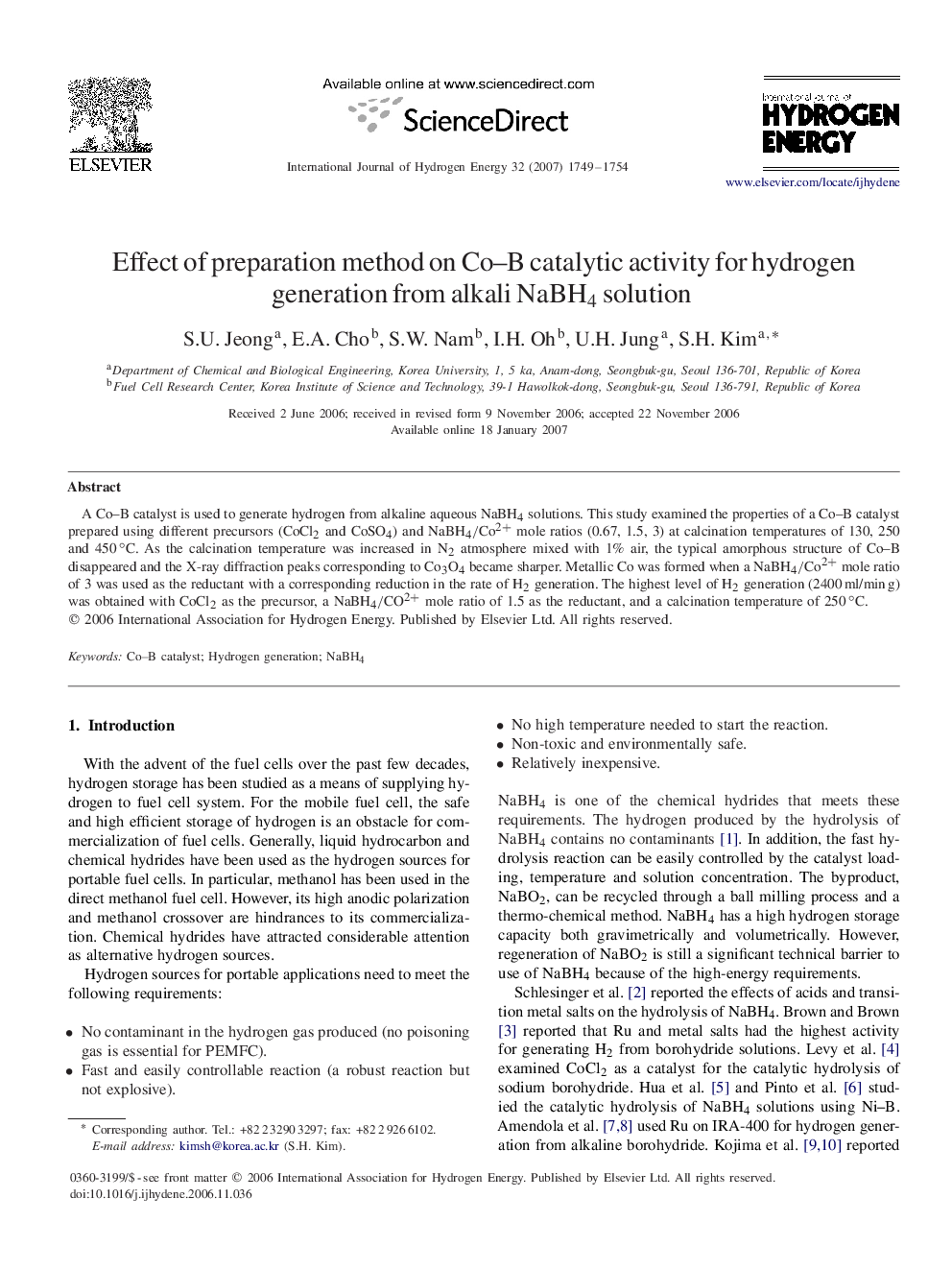 Effect of preparation method on Co–B catalytic activity for hydrogen generation from alkali NaBH4NaBH4 solution