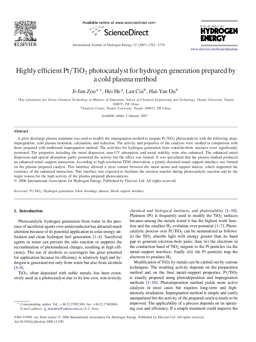 Highly efficient Pt/TiO2Pt/TiO2 photocatalyst for hydrogen generation prepared by a cold plasma method