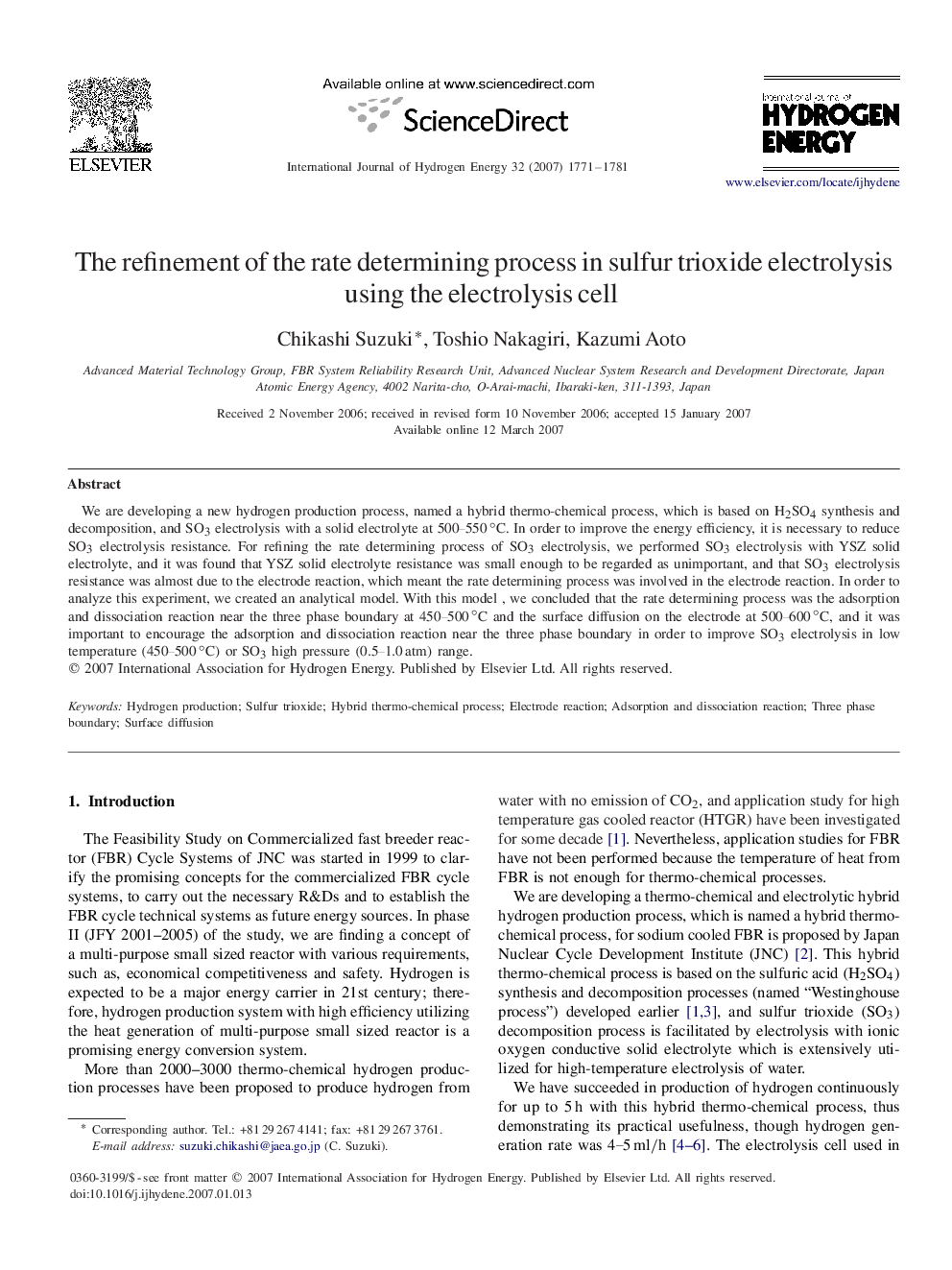 The refinement of the rate determining process in sulfur trioxide electrolysis using the electrolysis cell