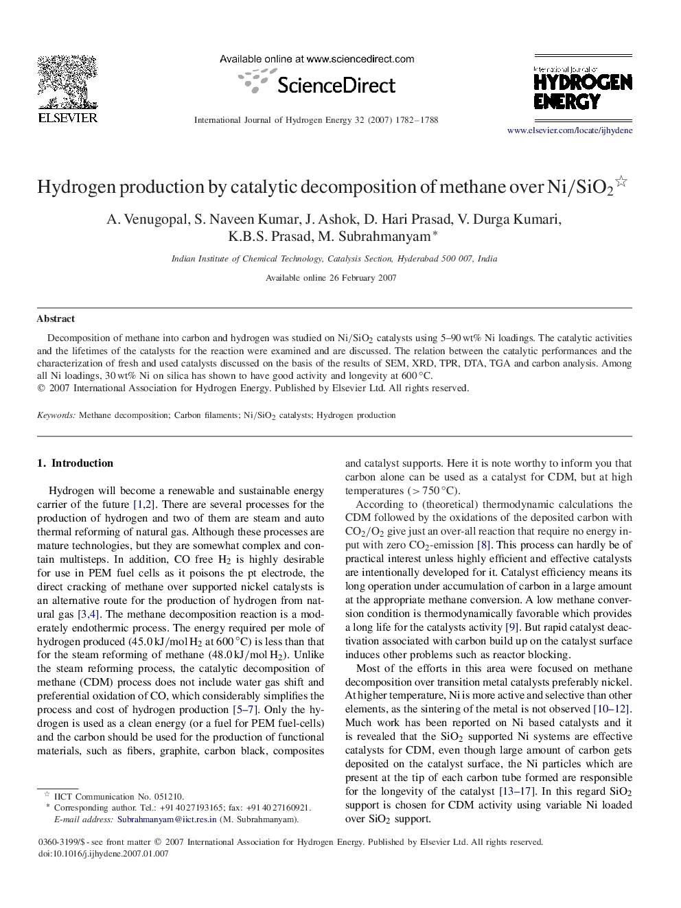 Hydrogen production by catalytic decomposition of methane over Ni/SiO2Ni/SiO2 