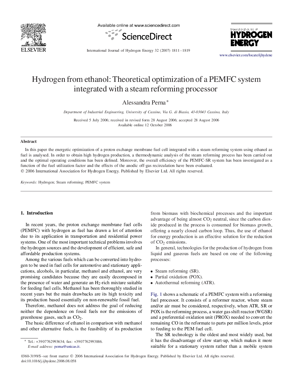 Hydrogen from ethanol: Theoretical optimization of a PEMFC system integrated with a steam reforming processor